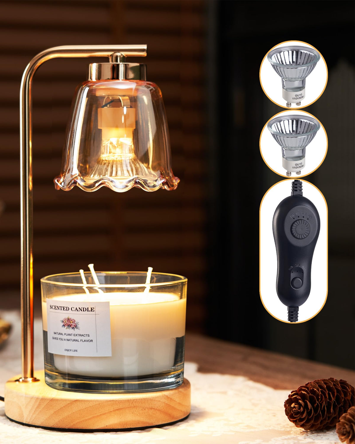 HONGZZI Candle Warmer Lamp with Timer and Adjust Brightness Compatible Large Jar Candle Bedroom Home Decor Gift with 2 Bulbs (Gold)